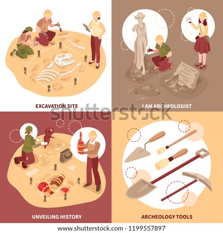 Archeology isometric design concept scientists with tools at excavation site and historical discoveries isolated vector illustration 