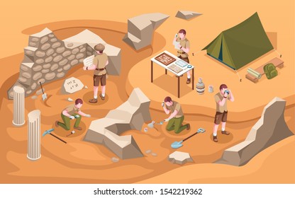 Archeology isometric excavation or archeologist at work. Archaeology job or archaeologist near ancient civilization architecture, columns and tent.Cartoon explorer at historic excavate.Old artifacts