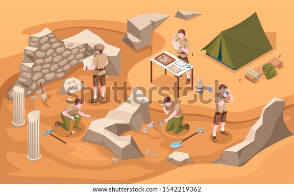 Archeology isometric excavation or archeologist\
at work. Archaeology job or archaeologist near ancient civilization\
architecture, columns and tent.Cartoon explorer at historic\
excavate.Old\
artifacts
