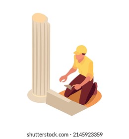 Archeology isometric icon with ancient columns and archeologist working at excavation site 3d vector illustration