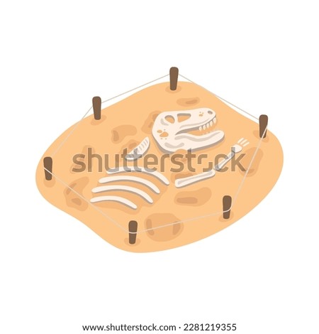 Archeology isometric icon with dinosaur skeleton at excavation site 3d vector illustration