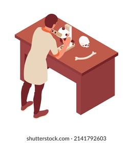 Archeology isometric icon with scientist using microscope 3d vector illustration