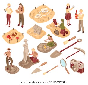 Archeology isometric set scientists with professional equipment during research of ancient artifacts isolated vector illustration 