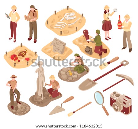 Archeology isometric set scientists with professional equipment during research of ancient artifacts isolated vector illustration 