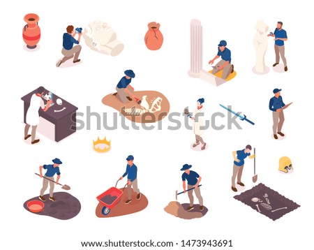 Archeology isometric set with scientists searching for ancient objects isolated on white background 3d vector illustration