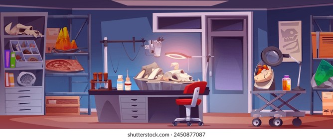 Archeology lab interior with fossils. Vector cartoon illustration of laboratory room with stone and prehistoric animal bones on desk under microscope and lamp, folders on shelf, paleontology science