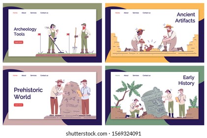 Archeology landing page vector template set. Archeological expedition website interface idea with flat illustrations. Historical researching homepage layout. Web banner, webpage cartoon concept