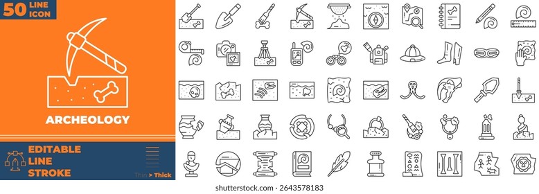 Archeology Line Editable Icons set. Vector illustration in modern thin line style of archeology icons: ancient scroll, fossil, megalith, etc
