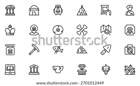 Archeology line icon set. Contain linear symbols exhibition, antiquity, art, old, archaeologic, heritage and more. Thin outline icons pack. Vector illustration