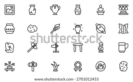 Archeology line icon set. Contain linear symbols exhibition, antiquity, art, old, archaeologic, heritage and more. Thin outline icons pack. Vector illustration