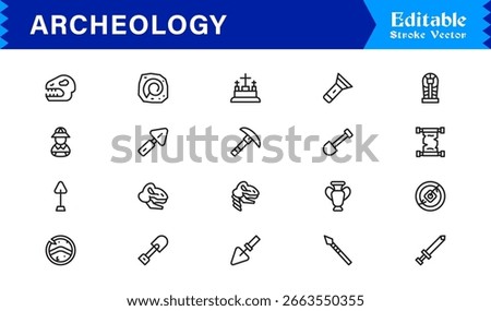 Archeology line icon set featuring pixel-perfect, editable icons in a clean, modern, and minimal style. Perfect for historical, excavation, and museum themes.