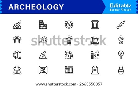 Archeology line icon set featuring pixel-perfect, editable icons in a clean, modern, and minimal style. Perfect for historical, excavation, and museum themes.