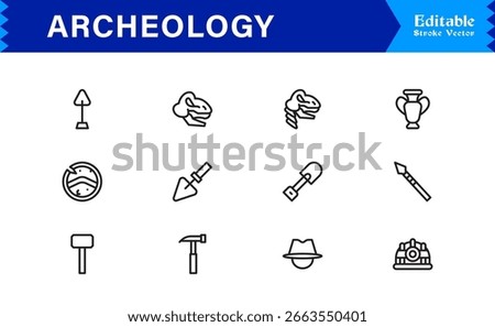 Archeology line icon set featuring pixel-perfect, editable icons in a clean, modern, and minimal style. Perfect for historical, excavation, and museum themes.