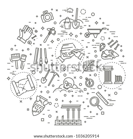 archeology line icons set