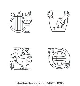 Archeology linear icons set. Ancient culture. Amphora restoration. Dinosaurs. Prehistoric animals. Treasure hunt. Thin line contour symbols. Isolated vector outline illustrations. Editable stroke