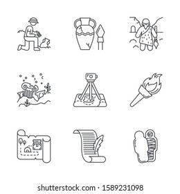 Archeology linear icons set. Excavation. Caveman. Ruins. Filed survey. Flambeau. Treasure map, manuscript. Mummy. Thin line contour symbols. Isolated vector outline illustrations. Editable stroke