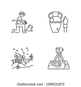 Archeology linear icons set. Excavation. Ancient artifact. Lost cities. Column ruins. Field survey. Thin line contour symbols. Isolated vector outline illustrations. Editable stroke