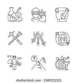 Archeology linear icons set. Lab research. Marauding. Artifact restoration. Swords. Treasure hunt. Pyramid mystery. Thin line contour symbols. Isolated vector outline illustrations. Editable stroke