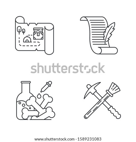 Archeology linear icons set. Treasure map. Ancient manuscript. Laboratory research. Restoration equipment. Thin line contour symbols. Isolated vector outline illustrations. Editable stroke