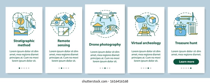 Archeology methods onboarding mobile app page screen with linear concepts. Study of terrain, treasure hunt walkthrough steps graphic instructions. UX, UI, GUI vector template with illustrations
