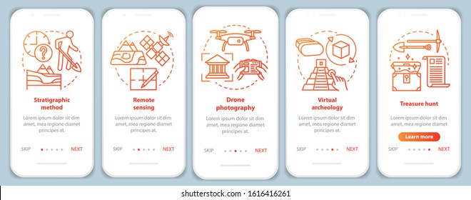 Archeology methods onboarding mobile app page screen vector template. Study of terrain, treasure hunt. Walkthrough website steps with linear illustrations. UX, UI, GUI smartphone interface concept