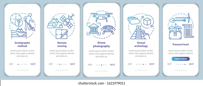 Archeology methods onboarding mobile app page screen vector template. Study of terrain, treasure hunt. Walkthrough website steps with linear illustrations. UX, UI, GUI smartphone interface concept