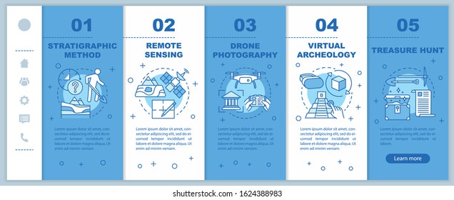 Archeology methods onboarding mobile web pages vector template. Study terrain. Responsive smartphone website interface idea with linear illustrations. Webpage walkthrough step screens. Color concept