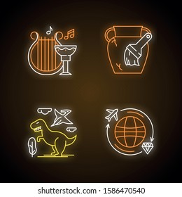 Archeology neon light icons set. Ancient culture. Lyre and goblet. Amphora restoration. Dinosaurs. Prehistoric animals. Worldwide treasure hunt. Glowing signs. Vector isolated illustrations