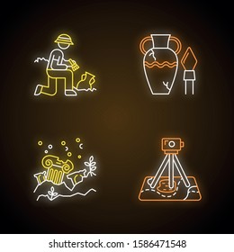 Archeology neon light icons set. Excavation and research. Ancient artifact. Lost cities. Column ruins. Field survey. Historical discoveries. Glowing signs. Vector isolated illustrations