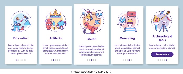 Archeology onboarding mobile app page screen with linear concepts. Excavating and preserving artifacts walkthrough steps graphic instructions. UX, UI, GUI vector template with illustrations