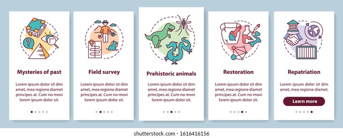 Archeology onboarding mobile app page screen with linear concepts. Mysteries of past researching walkthrough steps graphic instructions. UX, UI, GUI vector template with illustrations