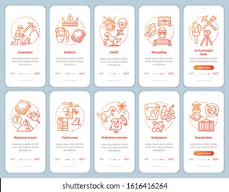 Archeology onboarding mobile app page screen vector template set. Search and protection fossil artifacts. Walkthrough website steps with linear illustrations. UX, UI, GUI smartphone interface concept