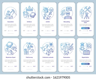 Archeology onboarding mobile app page screen vector template set. Search and protection fossil artifacts. Walkthrough website steps with linear illustrations. UX, UI, GUI smartphone interface concept