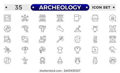 Archeology Outline icon set. Historical line icon. Contain linear symbols exhibition, antiquity, art, old, archaeologic, heritage and more. Antiques modern icon. Minimalist icons collection.
