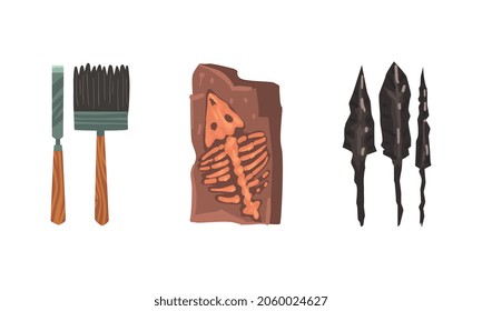 Archeology and Paleontology Ancient Artifacts with Bones and Arrows Vector Set