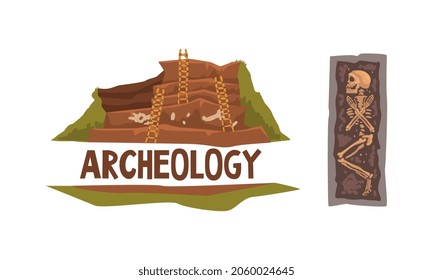 Archeology And Paleontology Ancient Artifacts With Bones And Burried Human Body Vector Set