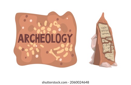 Archeology and Paleontology Ancient Artifacts with Bones and Stone with Writing Vector Set