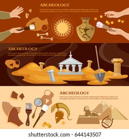 Archeology and paleontology banner. Archaeological excavation and achaeologists unearth ancient artifacts ancient history vector 