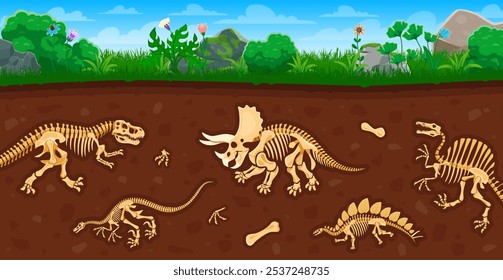 Arqueología y paleontología de dinosaurios fósiles en capas de suelo. Vista de sección transversal de Vector de dibujos animados con excavaciones de huesos y esqueletos de especies de dinosaurios antiguos. Estudios de reliquias de animales prehistóricos