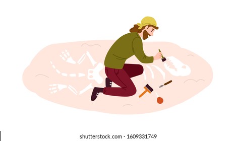 Archeology, paleontology flat vector illustration. Archaeological excavation, scientific research, ancient animal skeleton exploration. Male archaeologist, paleontologist cartoon character.