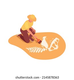 Archeology paleontology isometric icon with scientist excavating dinosaur skeleton 3d vector illustration