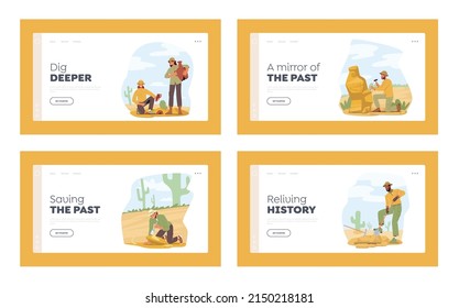 Archeology, Paleontology Landing Page Template Set. Scientists Working on Excavations, Exploring Ancient Artifacts and Dinosaur Bones, Studying Skeleton Fossil and Jugs. Cartoon Vector Illustration