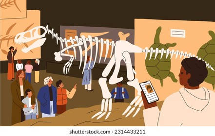 Archeology and paleontology museum. Visitors looking at prehistoric bones, displayed dinosaur skeleton, archaeological fossils at prehistory Jurassic period exhibition. Flat vector illustration