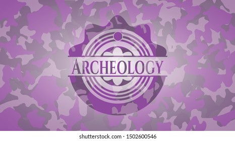 Archeology pink written on a camo texture. Vector Illustration. Detailed.