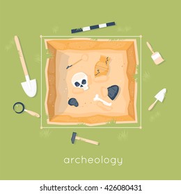 Archeology science. Ancient fossils. Discovering a jug, treasure hunters ancient artifacts. Historical. Tools for excavations. Species origin. Education. Flat style vector illustration.