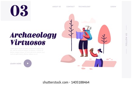 Archeology Scientists Working on Excavations Learning Map, Taking Ancient Artifacts from Underground. Studying Ancient History Website Landing Page, Web Page. Cartoon Flat Vector Illustration, Banner