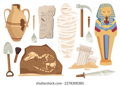 Archeology set graphic elements in flat design. Bundle of ancient broken vase, hieroglyphs plate, mummy, sarcophagus, dinosaur, shovel, pickaxe, brush and other. Vector illustration isolated objects