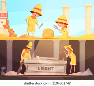 Archeology set of horizontal banners research of fossil and study of tomb of knight isolated vector illustration