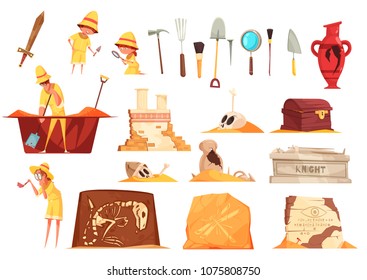 Archeology set of icons with explorers, science equipment, ancient artifacts including tombs, fossils, amphora isolated vector illustration 