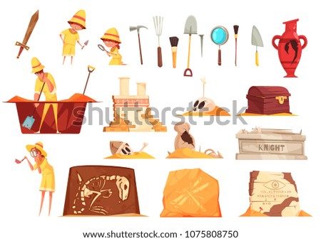 Archeology set of icons with explorers, science equipment, ancient artifacts including tombs, fossils, amphora isolated vector illustration 